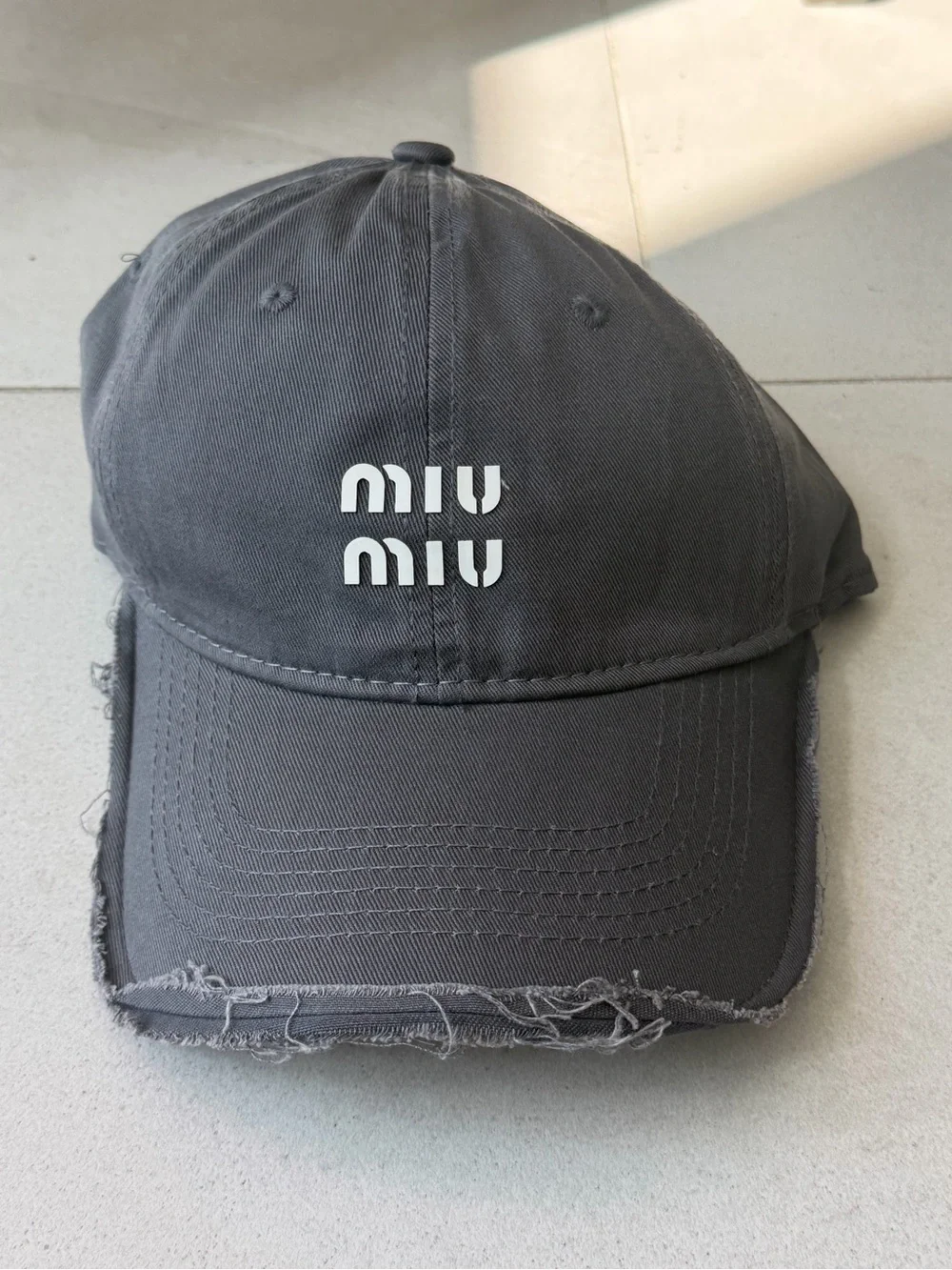 Designer Dark Gray Distressed White Logo Baseball Cap Adjustable Cotton Hat NWT